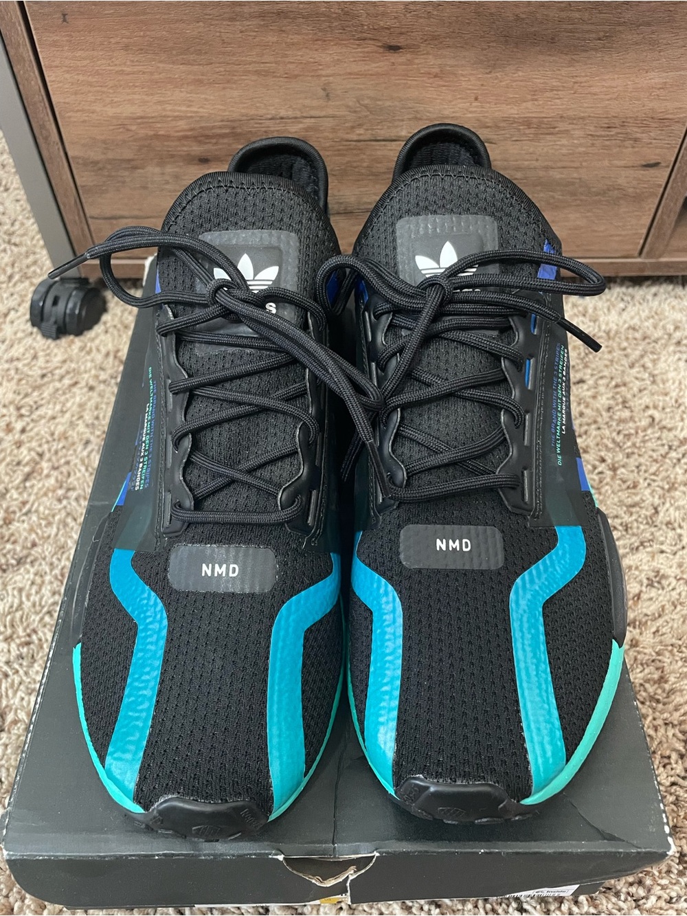 adidas NMD Black Sneakers with Teal & Blue Accents- NMD R1.V2 - Picture 7 of 9
